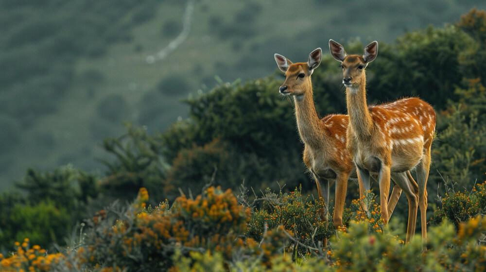 Two deer in the wild at dusk