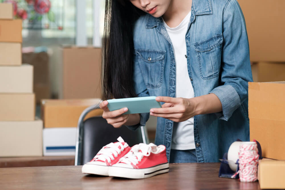 Photographing red sneakers for an online store