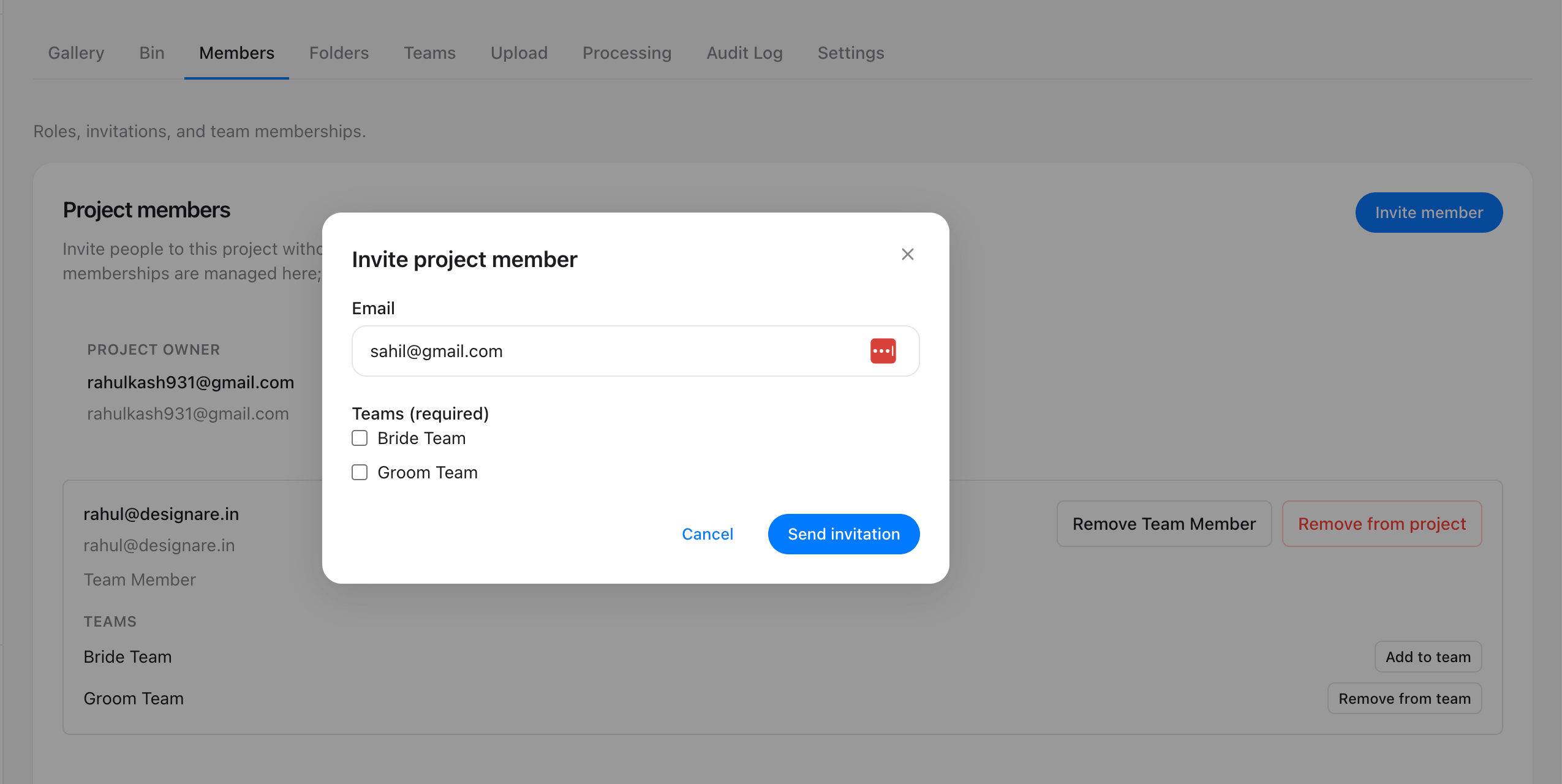 Team invite dialog with a member list