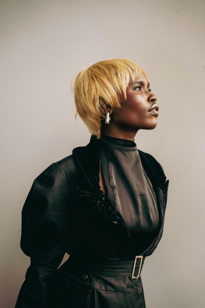 Studio fashion portrait against a soft backdrop