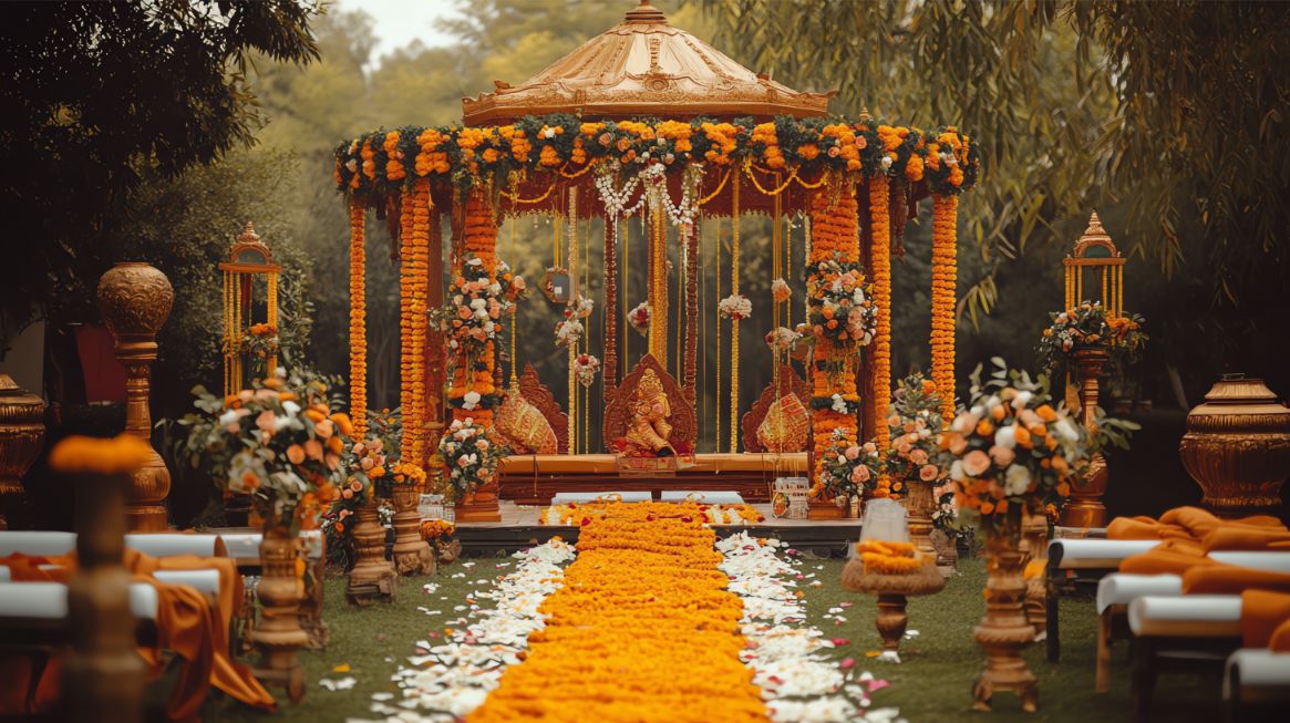 Wedding ceremony at a decorated mandap